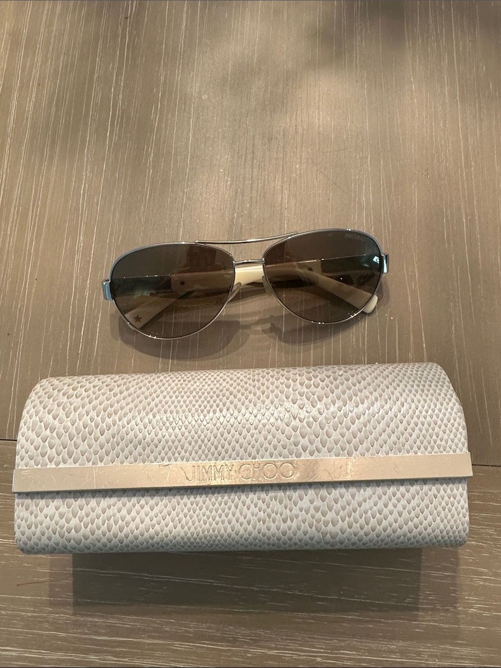 Jimmy Choo Cream Textured Sunglasses Case with Gold Band